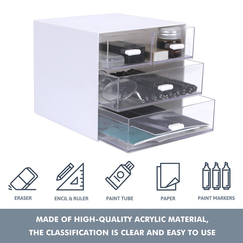 Zyners Desk Organizer with Drawer  Office Organizer with 4 Drawers  Desk Storage Box for  Desktop  Dressing table  Office  School  Home  Plastic Box and 4 Acrylic Drawers(White) - Image 3